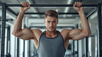 confident male is doing a pull-up in a modern, clean gym. He is wearing athletic wear and has a focused, determined expression. The background is a brightly lit gym with other workout equipment.