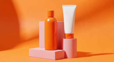Orange and Pink Cosmetic Bottles on Minimalist Display
