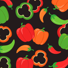 Bell pepper and chilli seamless patterm with sliced bell pepper. Cute vegetables illustration. Can be used for wallpaper, paper wrapping, decoration and fashion fabric