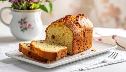 Sliced pound cake with dried fruit on white plate, floral jug and striped napkin in cozy breakfast setting.