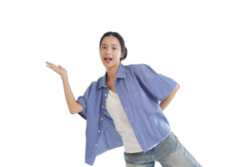 Excited Presentation: A young woman enthusiastically presents an idea with expressive hand gestures and a bright smile. This portrait captures her dynamic energy and engaging communication style.