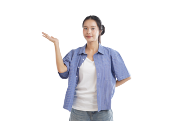 Charming Woman Presenting: A radiant woman, bathed in soft light, presents with an open hand, her gaze direct and engaging, ideal for concepts of presentation or offering.