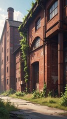 Overgrown Industrial Building with Brick Walls and Greenery