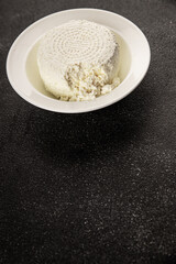 Cottage cheese fermented milk product portion size natural product tasty snack fresh delicious gourmet food background on the table rustic top view copy space keto and paleo diet