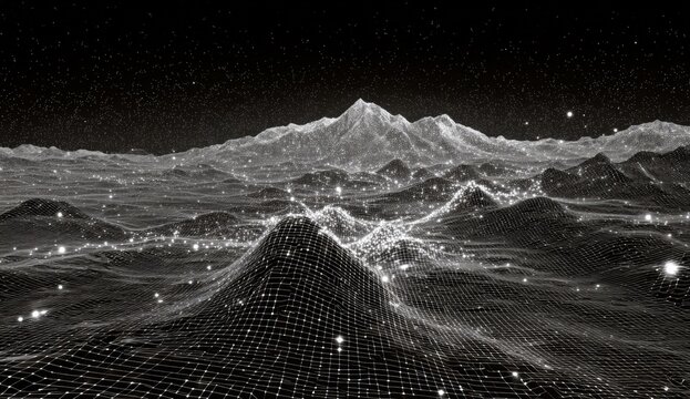 Abstract digital landscape.  Stars, mesh, mountains