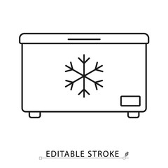 A freezer icon in minimalist style with editable stroke. Kitchen appliance symbol, cold storage element, household object, frozen food concept, refrigeration pictogram, preservation design
