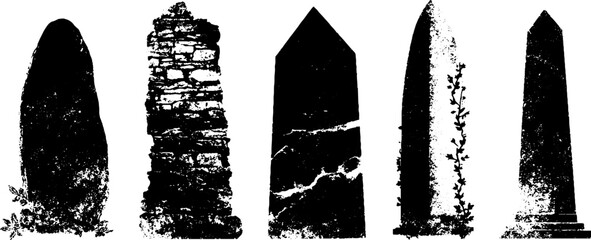Grunge black and white stone silhouettes for artistic design and decoration