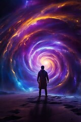 A person standing before a glowing cosmic vortex with swirling nebula colors in a dramatic sci-fi atmosphere.