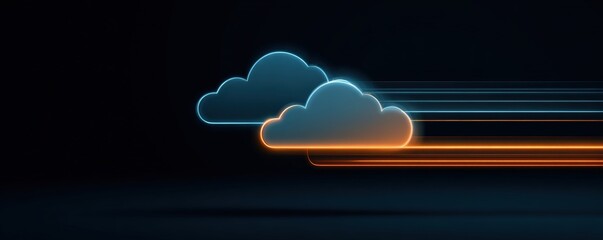 Two glowing cloud icons on a dark background, with streaks of light