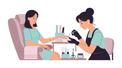 Young woman receiving a professional manicure from a beautician in a salon with beauty tools and equipment laid out