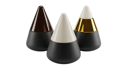 Three coneshaped objects with black bases and different colored tops, isolated on transparent background