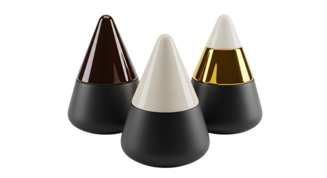 Three coneshaped objects with black bases and different colored tops, isolated on transparent background