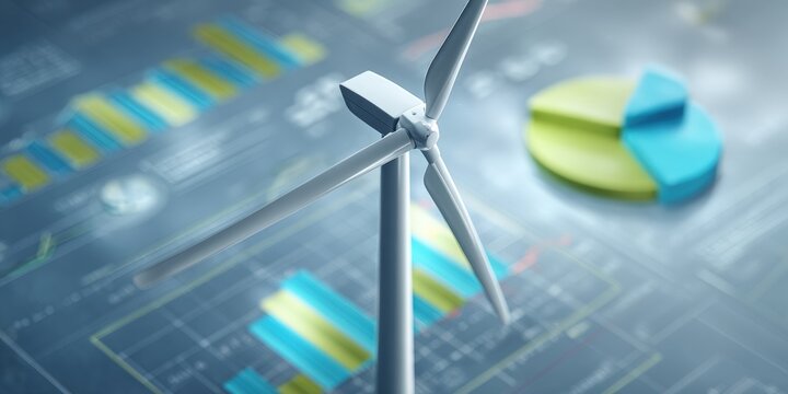 Small wind turbine model displayed atop financial data