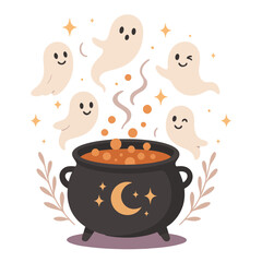 Cute halloween illustration with smiling ghosts flying around a magic cauldron. Spooky but friendly design, perfect for cards, posters, stickers and seasonal decorations