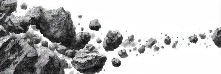 Abstract grayscale rocks scattered across white background