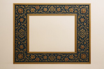 Ornate floral picture frame with golden details on navy blue background, empty beige center, classic decorative style, elegant wall decor concept. Ai generative
