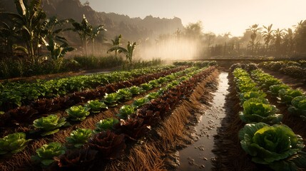 Colorful rows of leafy vegetables growing fresh in an outdoor organic farm, vegetable garden, lettuce garden beds.