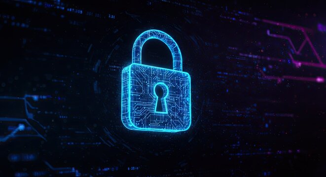 Abstract visualization of internet security with a glowing circuit padlock. Technology background for data privacy and network defense