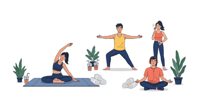 Diverse group of people practicing yoga and meditation in a bright airy space with potted plants promoting wellness and healthy lifestyle