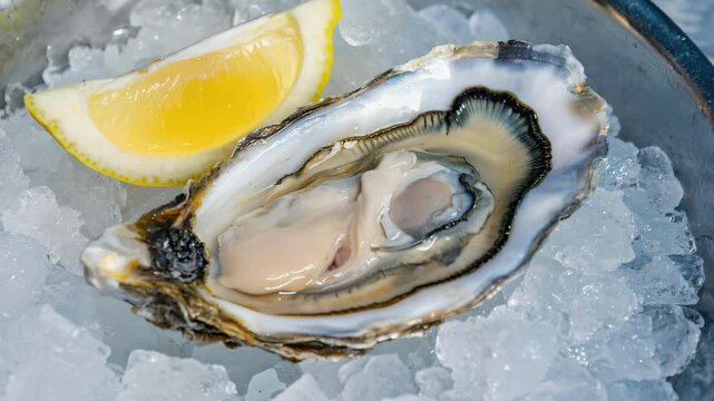 Close up video of fresh oyster on ice with lemon wedge, cinematic gourmet seafood background showing condensation and sparkling ice, raw shellfish delicacy for fine dining and restaurant menu
