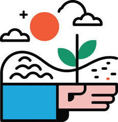 Sustainable Growth Hand Holding Plant Sun Landscape Illustration