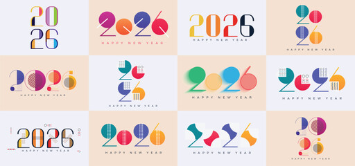 Big Set of 2026 Happy New Year logo text design. 2026 number design template. Collection of 2026 Happy New Year symbols. Vector illustration with labels isolated on colorful background.
