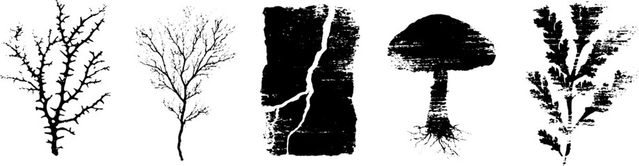 Grunge black and white thorn and nature silhouette set for edgy design projects