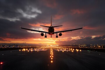 Airplane landing at sunset over city (1)