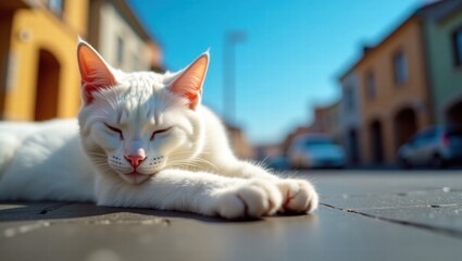 White cat relaxing on sidewalk under clear blue sky in town  