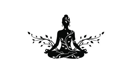 Silhouette of a person in meditation pose with organic floral vine elements, symbolizing peace and growth.