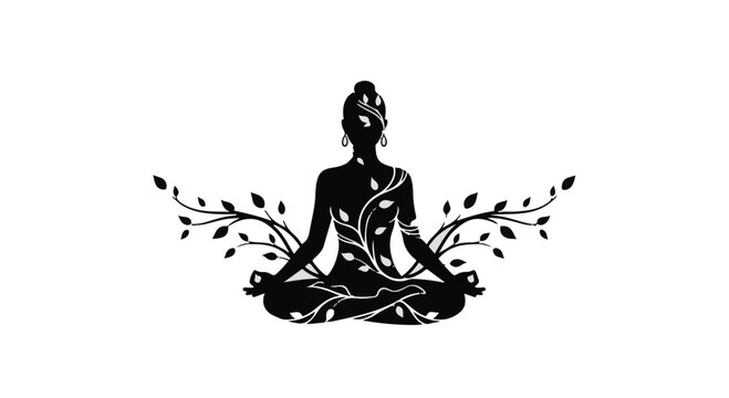 Silhouette of a person in meditation pose with organic floral vine elements, symbolizing peace and growth.