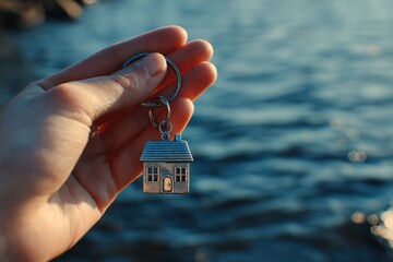Hand holding a house keychain by the water