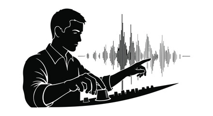 Sound engineer adjusting audio levels with waveform visualization, creating music or editing sound.
