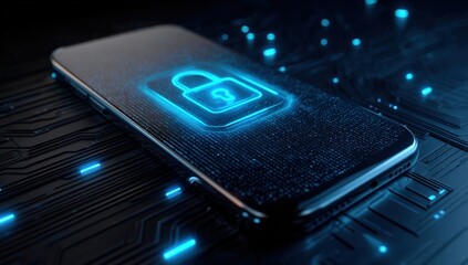 Smartphone security concept, glowing lock