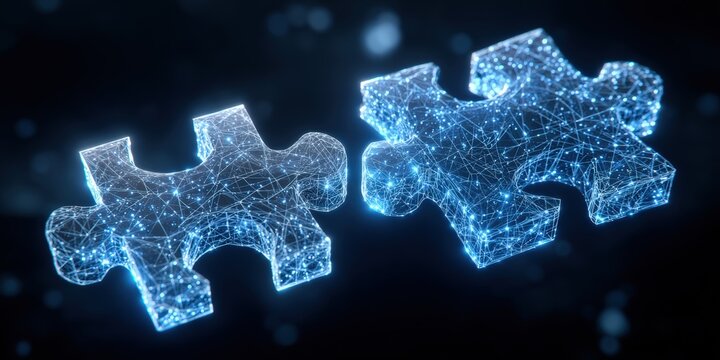 Two glowing puzzle pieces on dark background