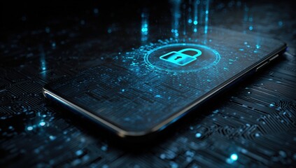 Smartphone with digital lock security overlay on circuit board