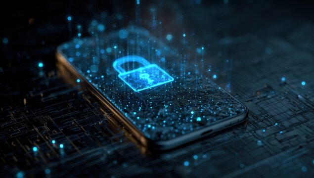 Secure mobile device with glowing lock icon