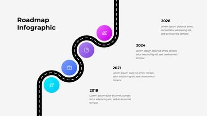 Infographic of a wavy road path showing milestones or timeline events. Suitable for project management, business goals representation, and step-by-step process presentations vividly illustrated