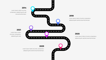 Obraz na płótnie Canvas Timeline Infographic with Road Path and Milestone Markers for Business Planning