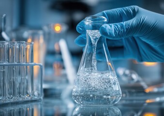 Scientist pouring liquid into flask in lab