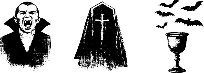 Black and white grunge vampire illustration set with dracula, coffin, bats, and chalice for spooky designs