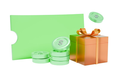 3D icon of a discount coupon and a stack of dollar coins placed beside a gift box with a ribbon.