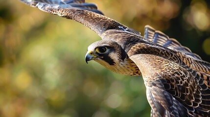 Fototapeta premium A captivating closeup of a falcon in midflight, revealing its intense gaze and intricate plumage, capturing the raw beauty and untamed spirit of the wild