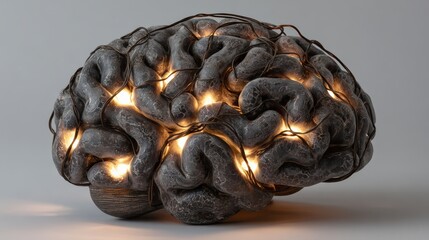 Detailed conceptual illustration of a brain with embedded lights representing thought and creativity