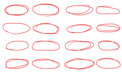 Set of drawn oval red circles in different shapes. Hand drawn circular scribble doodle round circles for message and for note mark. Marker ellipses frames in sketch style. Vector illustration. EPS 10 