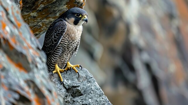 Peregrine falcon perched on a rocky outcrop, its keen eyes scanning the horizon, a symbol of resilience and adaptability in the face of environmental challenges
