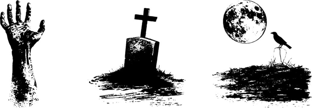 Grunge black and white zombie illustration set with grave and moon