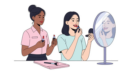 Two diverse young women applying makeup in front of a vanity mirror one holding lipstick and the other applying mascara showcasing beauty and self care routines