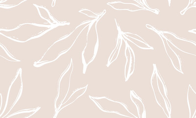 Abstract art vintage colors tropical line art leaves seamless background vector. Wallpaper design with leaves shapes and scribble doodle linear leaf. vintage botanical floral seamless pattern