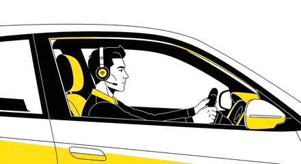 Man Driving Car with Headset Listening to Audiobook